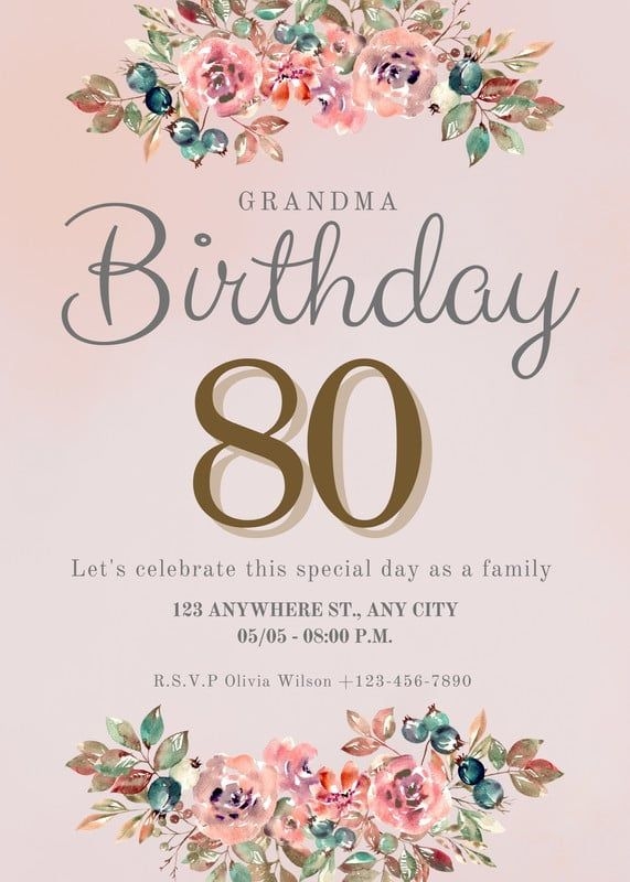 An Elegant Floral Birthday Party Card With The Number 80 On It
