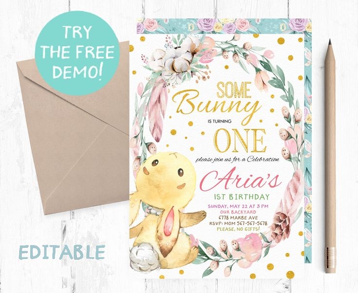 Editable Bunny First Birthday Template Bunny One Invitation Some 