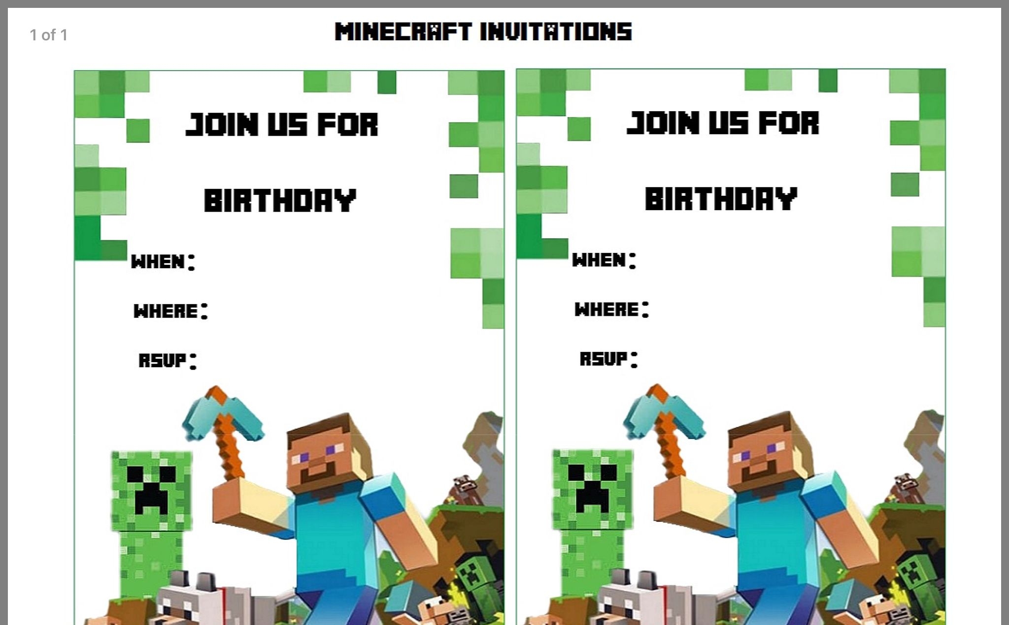 Free Printable Minecraft Birthday Invitations