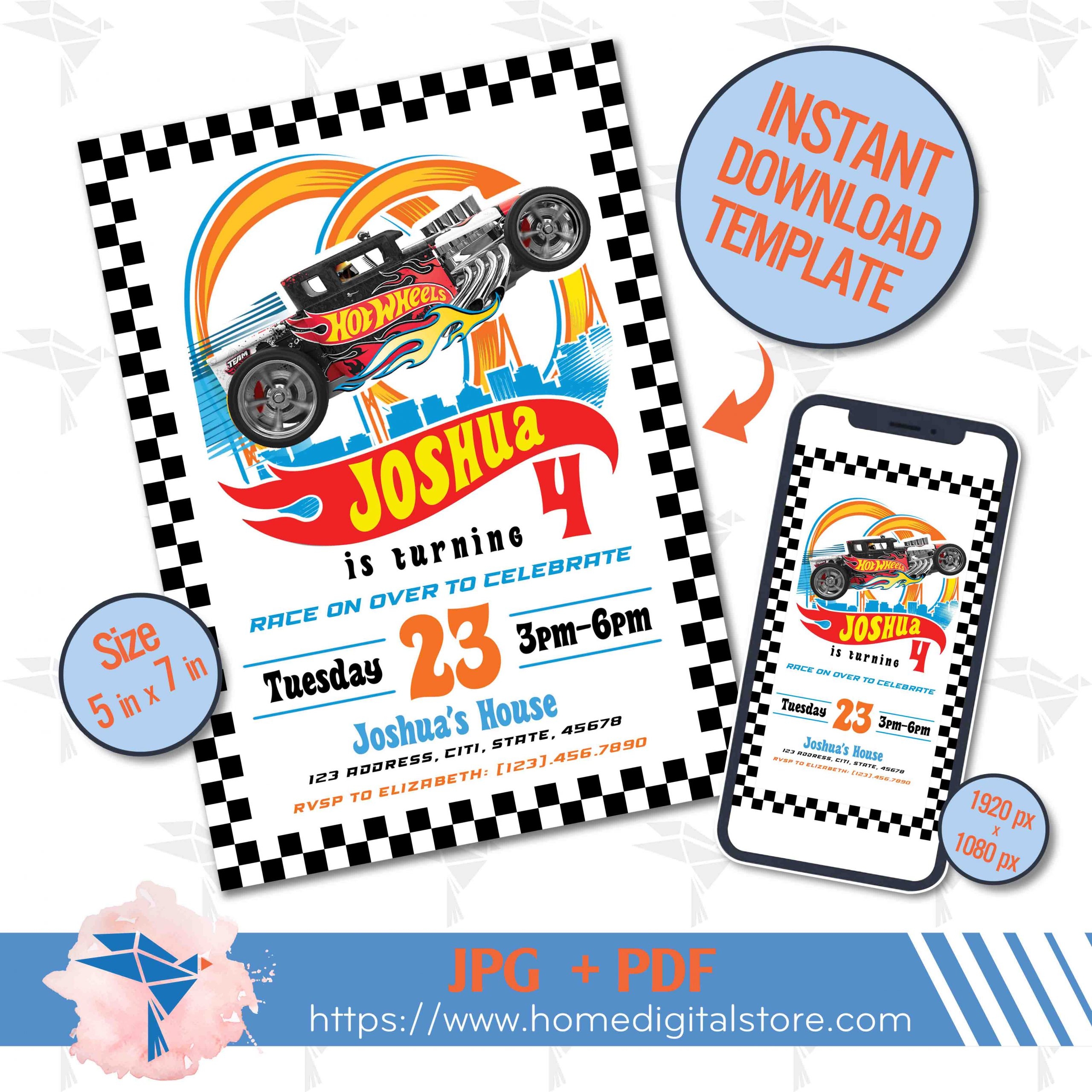 Hot Wheels Birthday Invitation JPG PDF Instant Download Digital Files 