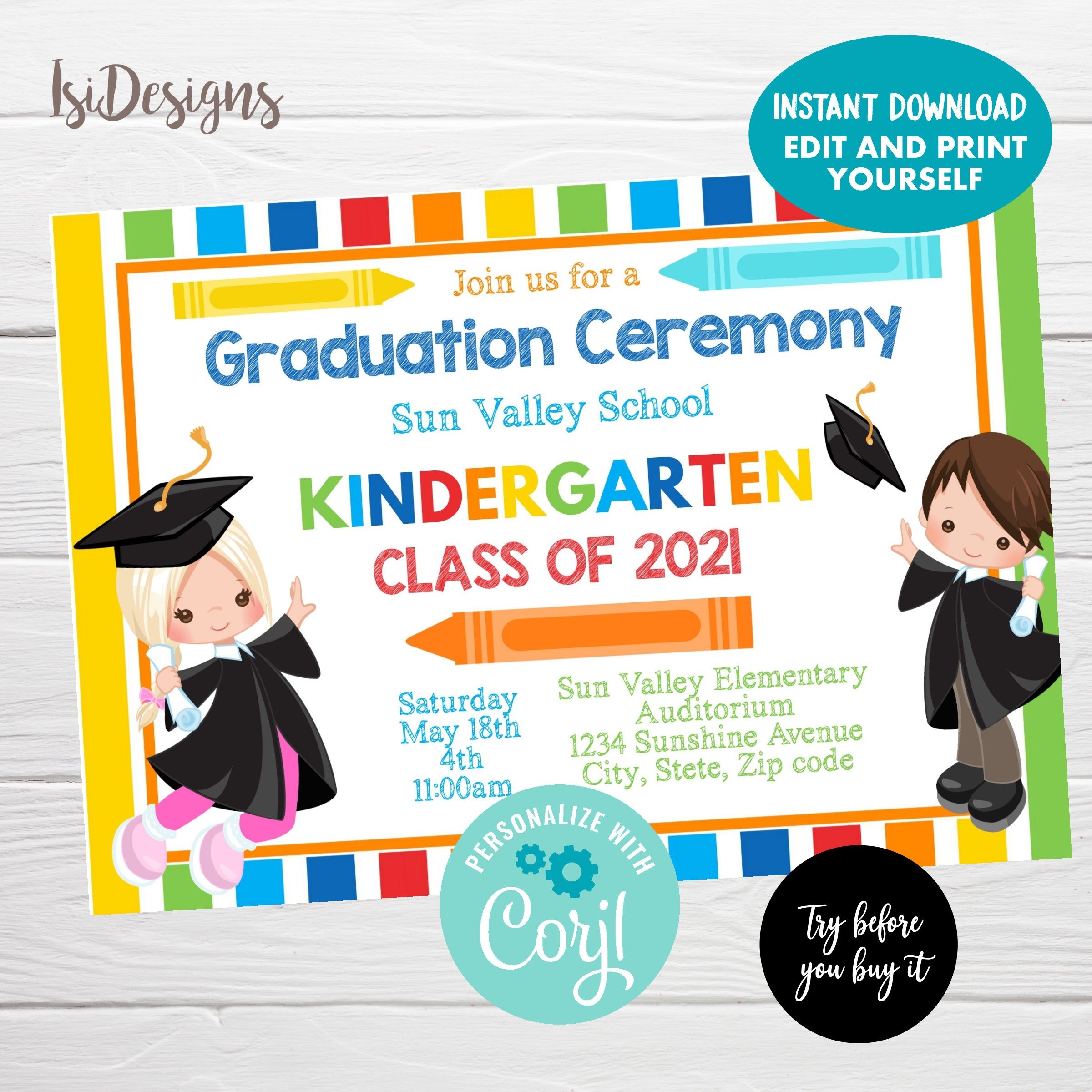 Kindergarten Graduation Ceremony Editable Invitation Instant Download 
