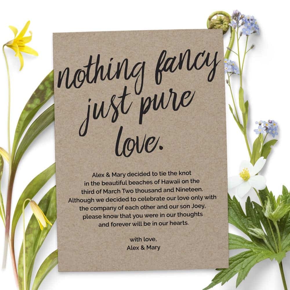 Nothing Fancy Just Pure Love Elopement Announcement Cards Wedding 