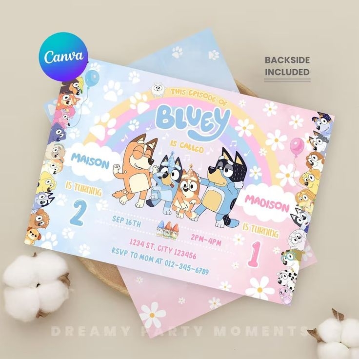 Sibling Bluey Bingo Birthday Invitation Twin Bluey Bingo Invite 